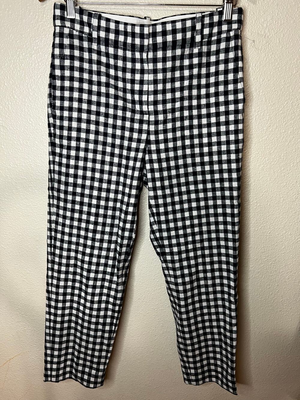 J. Crew Gingham linen-cotton Holland pant in navy blue & white WOMENS 4